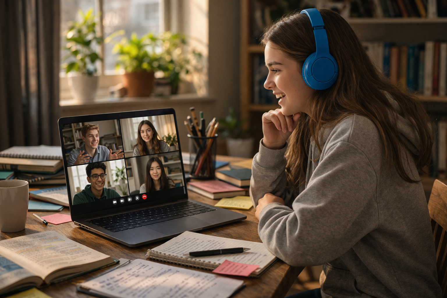 A student smiling on a video call with her cohort peers